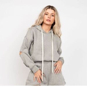 Kittenish Gray Drawstring Cutout Pullover Hoodie Sweatshirt M